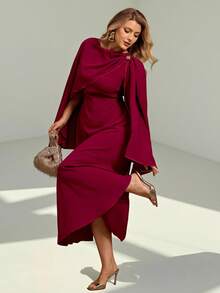 Auralis 金属扣装饰披肩袖收腰喇叭裙摆连衣裙，适合音乐会、演出、约会、正式晚宴、盛会、婚礼、情人节、派对、性感、通勤、优雅浪漫、生日派对等场合。 - 酒紅色 - 查看 4