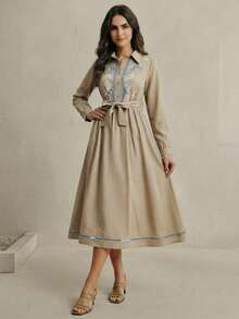 Anewsta 女士优雅刺绣镂空腰果花收腰长袖衬衫裙 女士刺绣连衣裙 波西米亚风连衣裙 - 綠色 - 查看 5