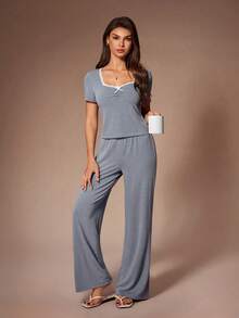 Lazeform 女士休闲花卉拼接方领褶裥短袖长裤睡衣套装 - 霧霾藍 - 查看 6