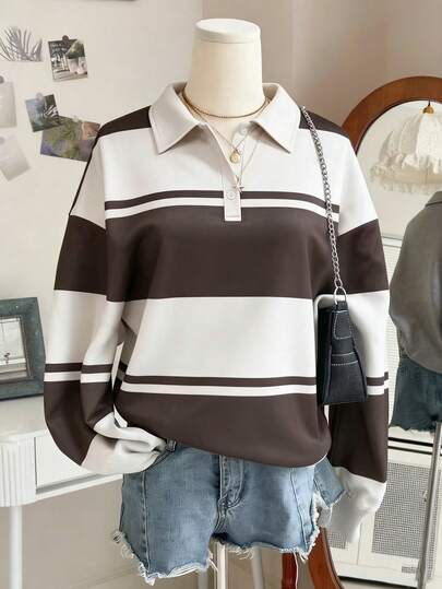 INAWLY 大码女式休闲撞色四分之一扣落肩卫衣，秋季