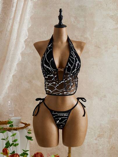 Bellisia 2022 Spring/Summer Sexy Black & Silver Striped Halter Bikini Set, Vacation & Beach,New Women's Swimwear ArrivalFor School,Suitable For Holiday, Date, Afternoon Tea, Western, Cruise, Beach, Island, Road Trip, All Seasons, Music Festival, Boho Vacation,Bohemian Vacation, Chill Autumn ,Western Boho ,Elegant Tops For Women