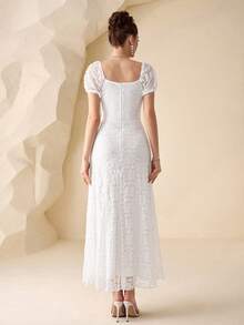 Modelyn 白色蕾丝泡泡袖收腰法式浪漫性感优雅公主裙