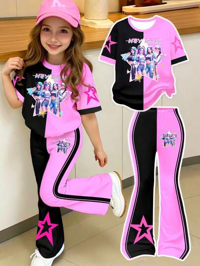 Spring And Summer Girls Casual Fashion Creative Personalized Refreshing Cute Simple Cool Virtual Girl Group Colorful Pentagram Star Light Pink & Black Graphic Tee + Flare Shorts Set, Comfortable Daily Wear Cozy Summer And Fall Styles Suitable For Spring, Summer, Autumn