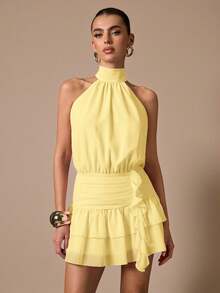 SHEIN BAE Sleeveless Ruffle Hem Solid Color Mini Sundress, Elegant Sweet Cute Fit Mini Dress, Suitable For Romantic Dates, Parties, Formal Gatherings, Bridesmaid Dresses, Summer Dresses, Tea Party Dresses, New Year, Valentine's Day, Birthday Mini Dress, Pink Dress ,Summer Dress - Yellow - View 6