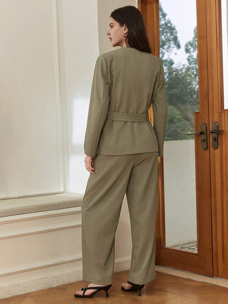 2pcs/Set Women's Elegant Office/Commute Outfit, Loose Top And Straight Leg Pants, Spring/Summer, Old Money Design Business Casual Woman