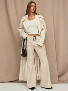 SHEIN BAE Quần nữ dáng rộng, màu trơn, kiểu dáng thường ngày. - Màu be - Xem 5