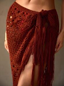 MOTF PREMIUM Váy len móc thủ công kiểu Bohemian với tua rua - Đỏ - Xem 3