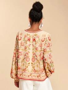 Travachic Floral Print Cutout Neck Casual Vacation Long Sleeve Shirt - Multicolor - View 2