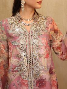 Al Najma 春夏喇叭袖立领串珠花卉饰边阿拉伯长裙 - 粉色 - 查看 2