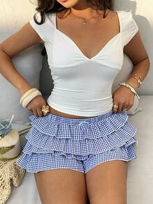 Aloruh 蓝白格子蛋糕图案弹力腰短裤，Y2K 可爱短裤 - 藍白色 - 查看 4