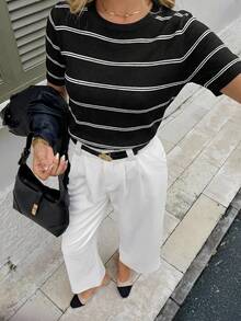 Serisse Áo dệt kim tay ngắn cổ tròn kẻ sọc kiểu dáng thường ngày dành cho nữ, thích hợp cho mùa hè. - màu đen - Xem 3
