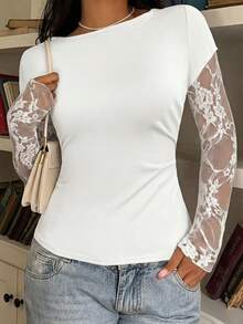 SHEIN EZwear Áo thun dài tay ôm dáng cổ thuyền phối ren xuyên thấu dành cho nữ cỡ lớn, thanh lịch, thích hợp cho mùa xuân, hè và thu. - trắng - Xem 3