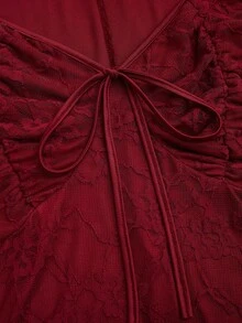 Sweetra 大码女式复古浪漫度假风 Y2K 性感方领荷叶边喇叭袖百搭通勤酒红色连衣裙，长袖连衣裙，常规办公款，修身连衣裙，适合日常外出、返校季、春夏派对/爱心/唇色/红色/情人节、春夏中国风/新年/除夕/旗袍 - 酒紅色 - 查看 7