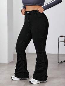 SHEIN ICON Quần jeans ống loe cạp cao màu trơn đơn giản, đa năng dành cho nữ cỡ lớn, thích hợp mặc hàng ngày đi làm. - màu đen - Xem 5