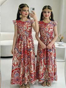 Sparklyn Đầm maxi ngắn tay, eo cao, in họa tiết Bohemian cổ điển dành cho bé gái tuổi teen, kiểu dáng thời trang và thanh lịch, thích hợp cho các buổi tiệc tùng ngày lễ, mùa xuân/hè. - Đỏ - Xem 5