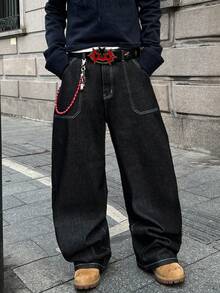 STEELVANCE 复古街头风休闲宽松直筒牛仔裤，后袋饰有独特的狗狗刺绣图案。 - 黑色 - 查看 3