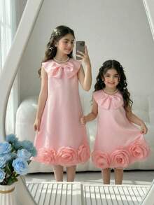 女婴夏季优雅派对宴会塔夫绸彼得潘领3D花卉装饰无袖宽松连衣裙 - 粉色 - 查看 7