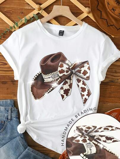 EMERY ROSE Camiseta de manga corta con cuello redondo, con elemento de patrón occidental y perlas hecha a mano para mujer