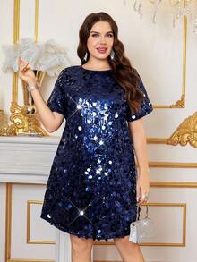 Ellevyn 大码女式彩色亮片派对连衣裙，直筒短袖迷你连衣裙 - 藍色 - 查看 6