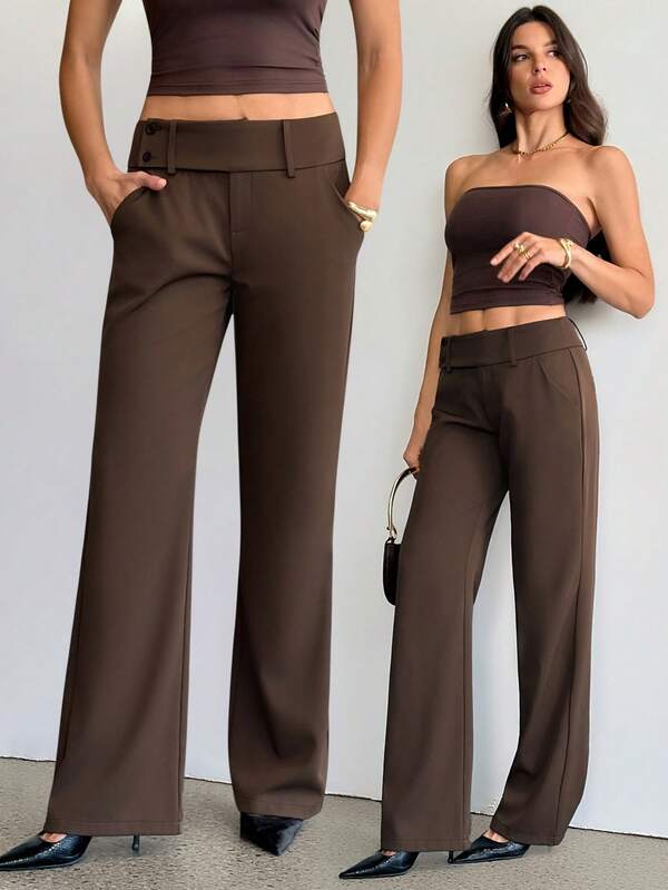 SHEIN Tall Women's Fashion Casual Retro Pocket Flare Leg Pants, Old Money, Business Casual Woman,Going Out Outfits,Back To School,Chocolate Flared Pants,Casual Trousers,Vintage Trousers,Summer Outfits