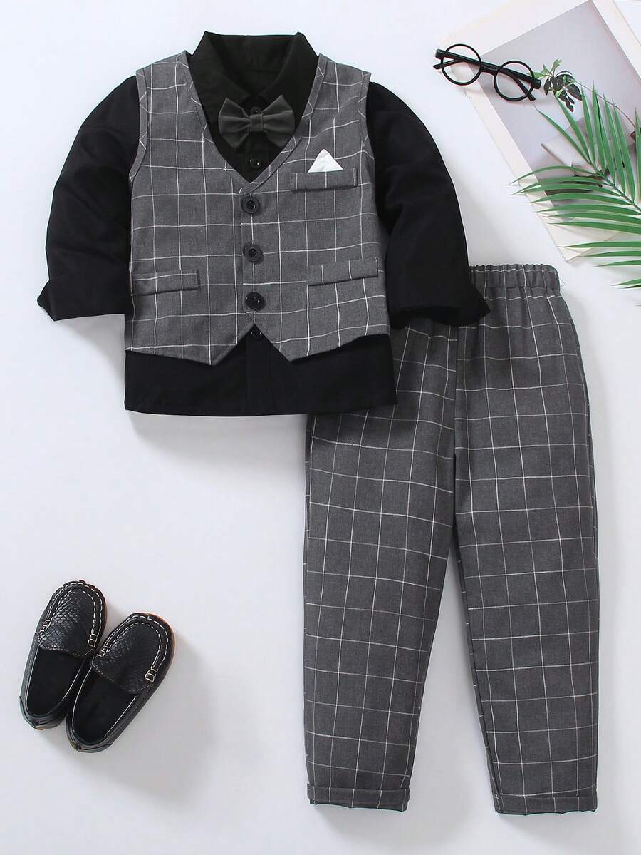 Set 2 buc: Vestă în carouri + Pantaloni, Fără accesorii, Ținută formală pentru petrecere de ziua de naștere, eveniment de seară, nuntă, botez, Ziua Îndrăgostiților, ziua de naștere, nuntă, absolvire - Gri - Vizualizare 1