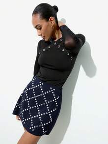 Maija Chân váy ngắn ngang eo dành cho nữ, đính đá pha lê hình thoi, phù hợp cho đi làm trong thành phố, công sở, trang phục thường ngày, cô giáo, trang phục mùa hè thanh lịch, ngày Valentine. - Màu xanh hải quân - Xem 3