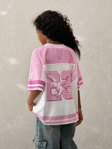 Coolane Kids Áo thun bóng đá lưới thoáng khí họa tiết số, phong cách đường phố Y2K mùa xuân và hè dành cho bé gái. - Hồng - Xem 5