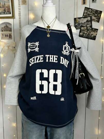 Lalippa 大码女式休闲撞色字母图案斜肩宽松卫衣，秋季款