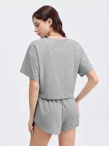 Loungeista 2 件女式新款微透明柔软舒适休闲运动沙滩套头衫圆领短袖侧开衩阔腿短裤套装，适合家居服 - 灰白色 - 查看 3
