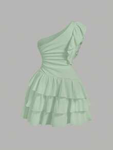 SHEIN MOD Vestido sin mangas con cuello asimétrico con volantes de unicolor para mujer de talla grande - Verde - Ver 2
