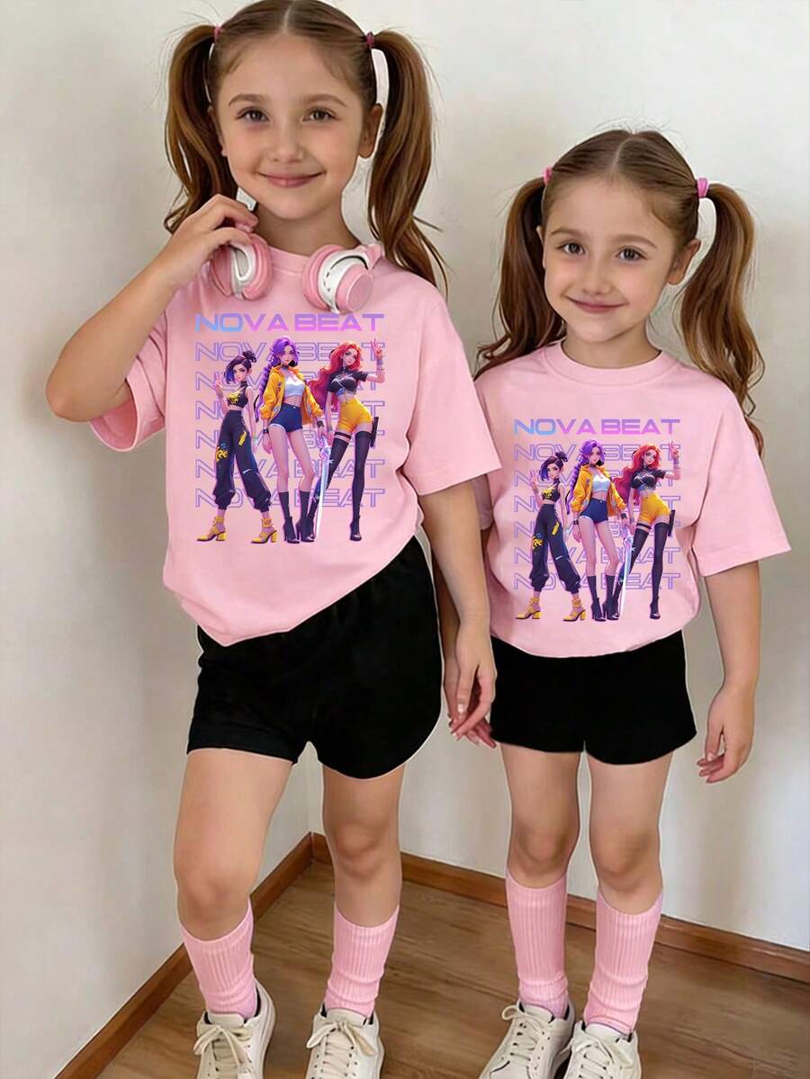 Young Girl Casual Cartoon Pattern Round Neck Short Sleeve T-Shirt And Shorts Set, Summer - Multicolor - View 1