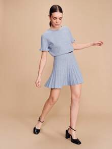 lacRébo Soft Knit Sky Blue Knitted Short Ruffle Sleeve Mini Dress With Pleated Detail Spring Cosy French Style Parisian Style