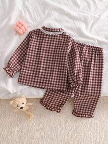 女婴睡衣 - 两件套睡衣，棕色格子蕾丝彼得潘领圆领长袖纽扣上衣，松紧腰荷叶边长裤，四季皆宜，2026年假日必备复古舒适经典可爱款 - 酒紅色 - 查看 2
