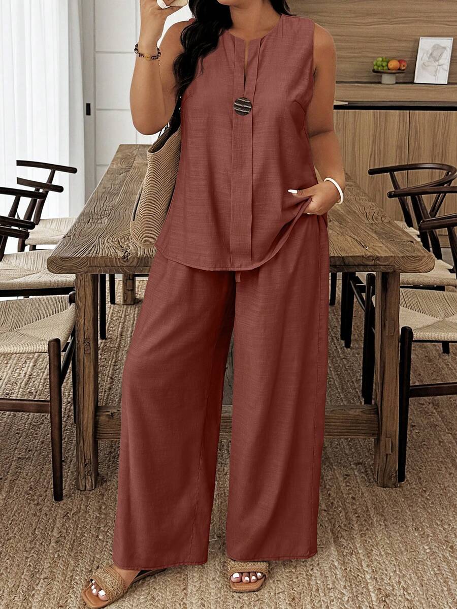 Weeklong 2pcs Plus Size Casual Solid Color Sleeveless Top And Pants Set - Burgundy - View 1