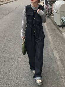 FRIFUL Women's Single-Breasted Cargo Pocket Casual Wide Leg Denim Jumpsuit - Blue - View 6