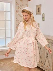 SHEIN Romantic Ditsy Floral Long Sleeve Robe, Spring/Autumn - Apricot - View 5