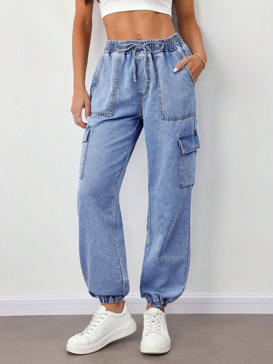 SHEIN Tall Women's Casual Washed Drawstring Waist Flap Pocket Cuffed Hem Jeans, Summer - Medium Wash - View 1