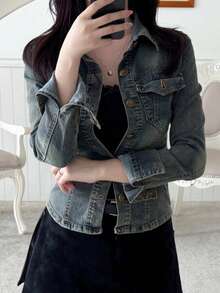 DAZY Women's Long Sleeve Single-Breasted Casual Pocket Denim Jacket - Blue - View 4