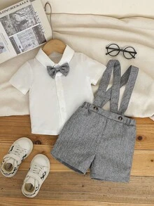 Souflis Souflis 2 Peças Conjunto Formal de Menino Pequeno Estilo Cavalheiro, Camisa de Malha de Manga Curta com Gola Branca e Gravata Borboleta, e Shorts com Suspensório de Cintura Elástica, Adequado para o Verão, 6 Meses a 3 Anos, Ideal para Festa de Aniversário, Celebração, Apresentação, Casamento, Chá de Bebê, Batizado, Volta às Aulas, Festa de Boas-Vindas do Bebê, Elegante e da Moda - Multicolorido - Visão 3