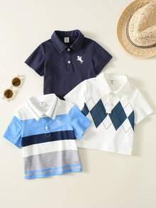 SHEIN 3件套男婴春夏时尚可爱条纹格子图案短袖polo衫、衬衫、针织上衣套装 - 藍色 - 查看 3