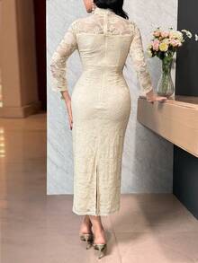 Feyla Vestido ajustado de longitud media con decoración de flores 3D de encaje de unicolor elegante para mujer - Amarillo - Ver 5
