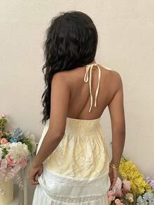 Franclia Áo kiểu nữ mùa hè phối họa tiết, khoét rỗng, thêu jacquard, cổ yếm, hở lưng. - Màu vàng - Xem 2
