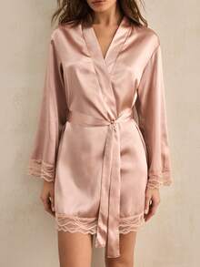 Charlaine Elegant French Satin Lace Women Robe - Dusty Pink - View 7