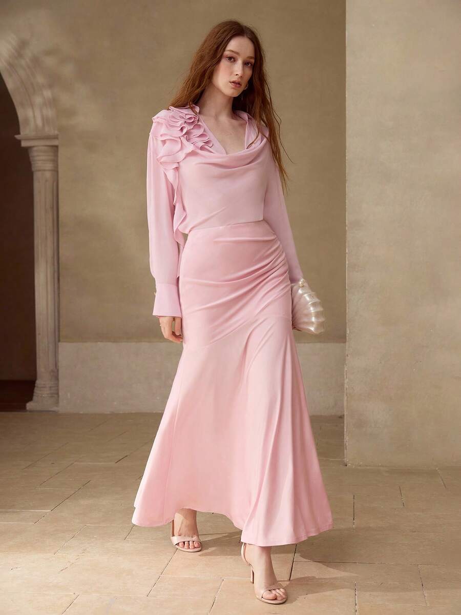 MOTF PREMIUM RUFFLED COWL COLLAR BLOUSE, SPRING/SUMMER - Pink - View 1