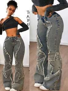 SHEIN ICON 女式休闲磨边喇叭牛仔裤