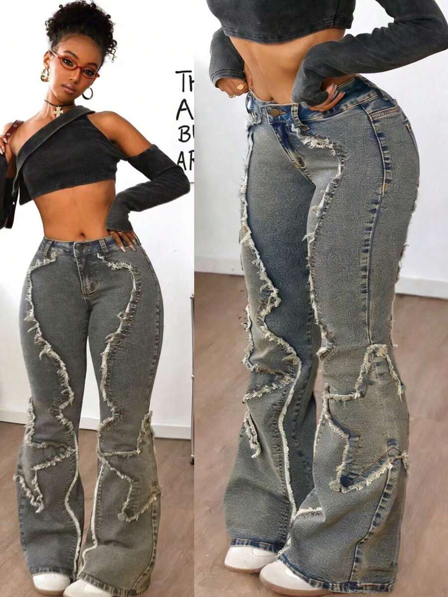 SHEIN ICON 女式休闲磨边喇叭牛仔裤