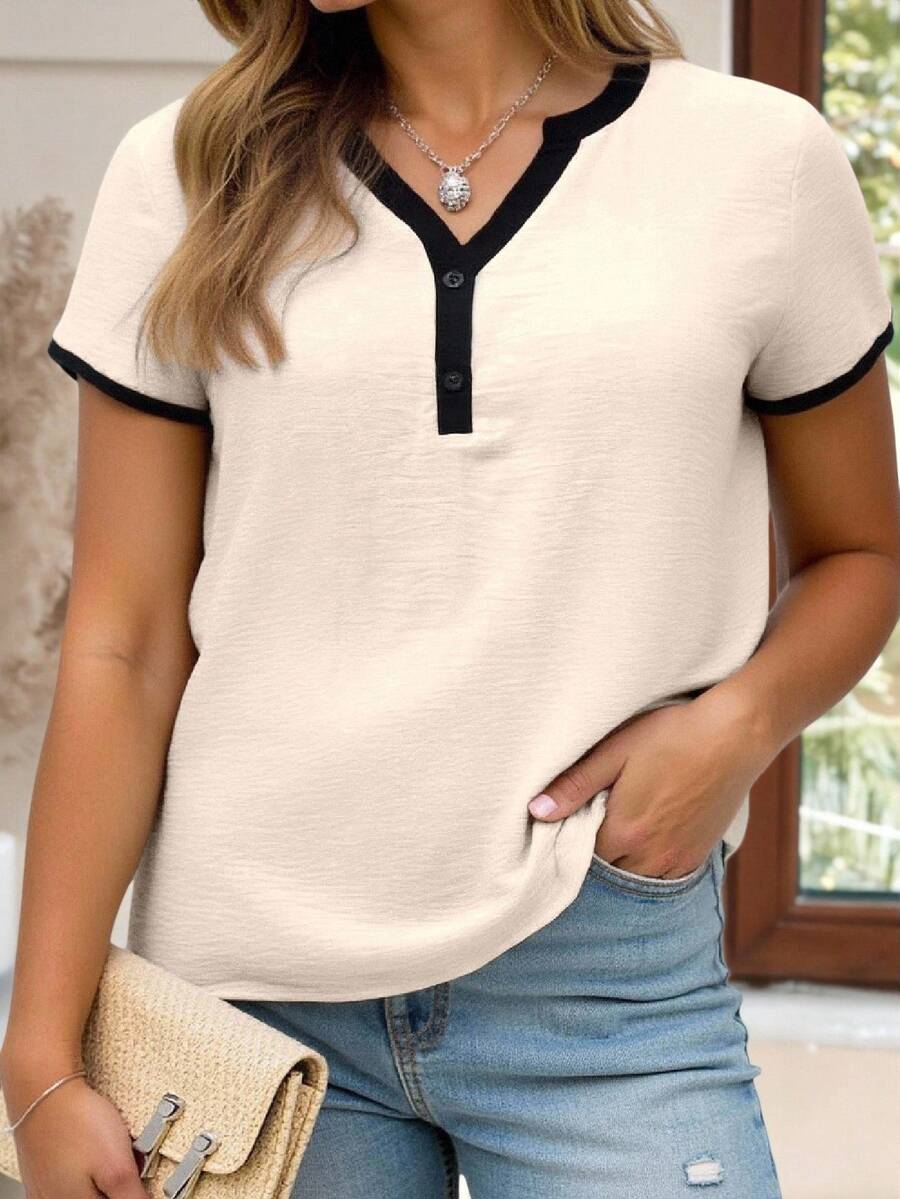 EMERY ROSE Áo kiểu dáng thanh lịch, thoải mái, cổ chữ V, tay ngắn, cỡ lớn dành cho nữ. - Màu be - Xem 1