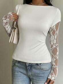 SHEIN EZwear Áo thun dài tay ôm dáng cổ thuyền phối ren xuyên thấu dành cho nữ cỡ lớn, thanh lịch, thích hợp cho mùa xuân, hè và thu. - trắng - Xem 5