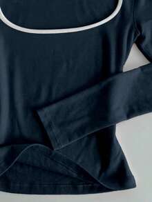 Glimmora Áo thun dài tay dáng ôm cổ vuông màu xanh navy tối giản, phù hợp cho mùa xuân, hè, thu và đông. Áo thun thời trang, quà tặng phong cách cho anh chị em, quà tặng cho mẹ, quà tặng Ngày của Mẹ. Áo thun thời trang tối giản thường ngày. - Xanh đậm - Xem 3