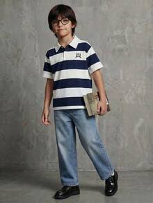 Casuvi Kids Nautical Academy Style Striped Polo Shirt For Teens (Boys), Loose Fit With Wide Blue & White Stripes, Fashion Emblem On Chest, Suitable For Campus, Commute, And Casual Weekend Wear Polo For Boys Boy Clothes